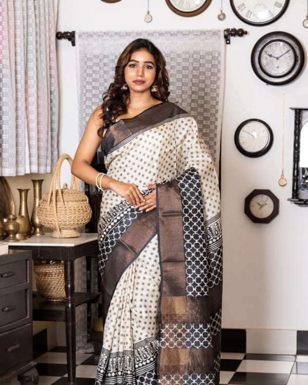 Nakshipar Black Block Print on White Base Zari Border Tussar Saree