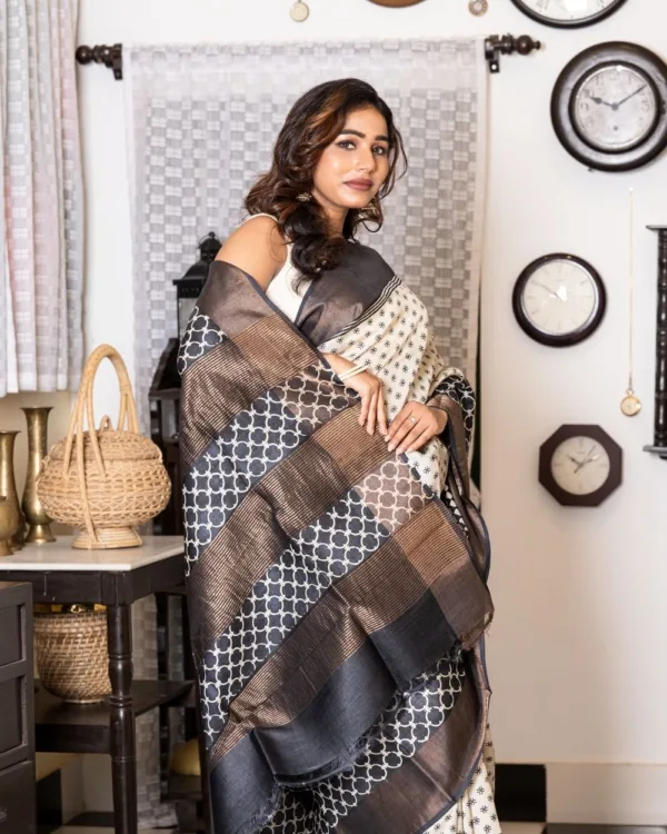 Nakshipar Black Block Print on White Base Zari Border Tussar Saree