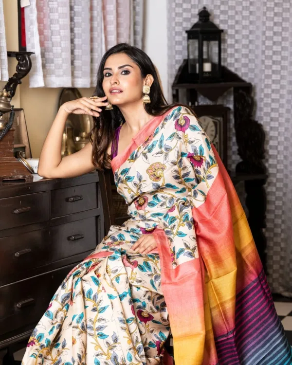 Nakshipar Multicolour Floral & Pagely Print on Natural Colour Tussar Saree