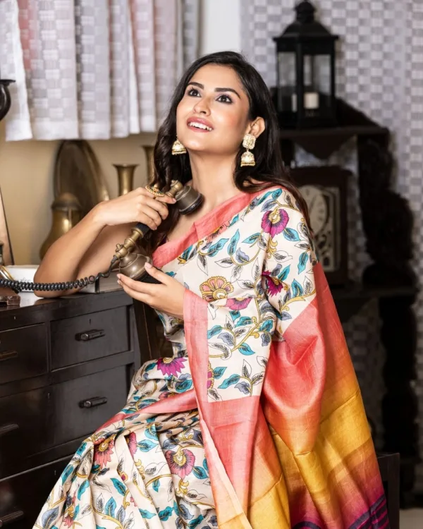 Nakshipar Multicolour Floral & Pagely Print on Natural Colour Tussar Saree