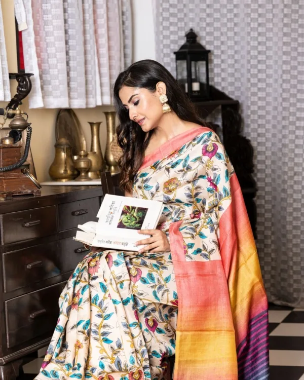 Nakshipar Multicolour Floral & Pagely Print on Natural Colour Tussar Saree