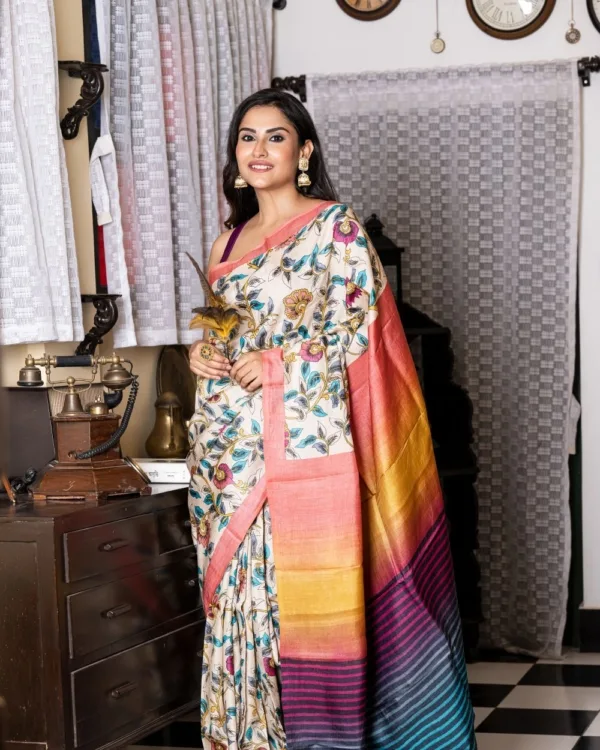 Nakshipar Multicolour Floral & Pagely Print on Natural Colour Tussar Saree