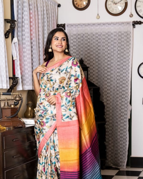 Nakshipar Multicolour Floral & Pagely Print on Natural Colour Tussar Saree