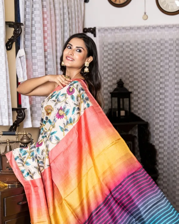 Nakshipar Multicolour Floral & Pagely Print on Natural Colour Tussar Saree