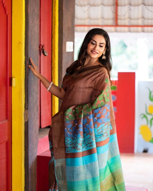 Nakshipar Green, Blue & Sky Blue Pagely Design on Deep Brown Zari Border Tussar Saree