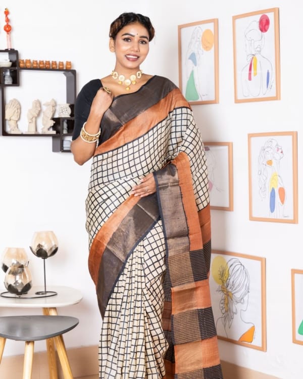 Nakshipar Brown with Black & Off White Checks on Zari Border Tussar Saree