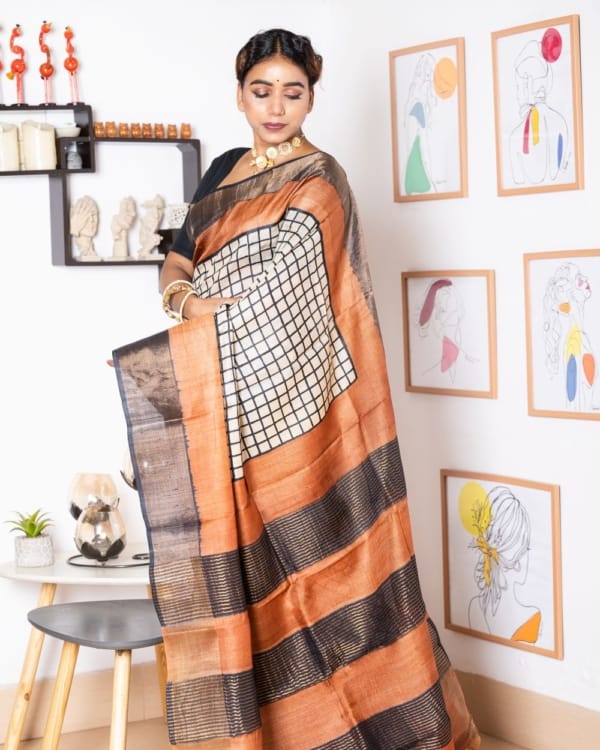 Nakshipar Brown with Black & Off White Checks on Zari Border Tussar Saree