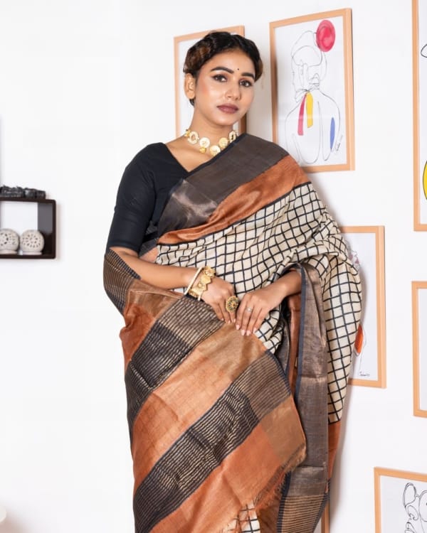 Nakshipar Brown with Black & Off White Checks on Zari Border Tussar Saree