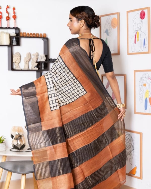 brown-with-black-off-white-checks-on-zari-border-tussar-saree