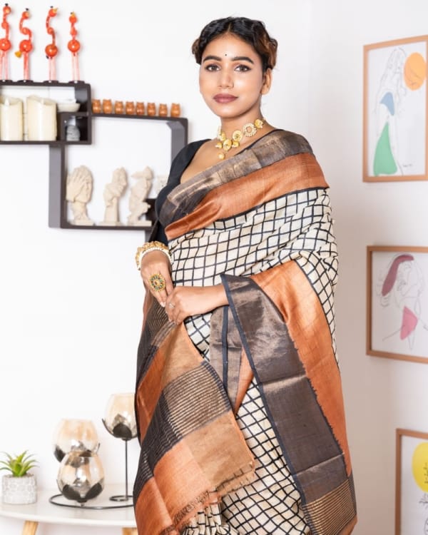 brown-with-black-off-white-checks-on-zari-border-tussar-saree