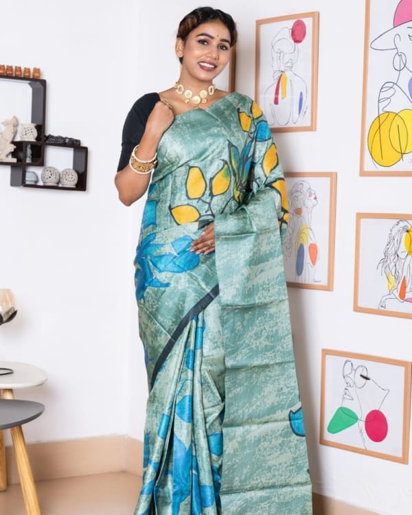 Nakshipar Blue, Black and Yellow Floral on Sea Green Self Printed Tussar Saree