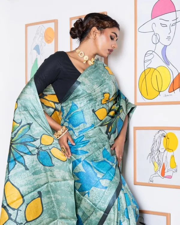 Nakshipar Blue, Black and Yellow Floral on Sea Green Self Printed Tussar Saree