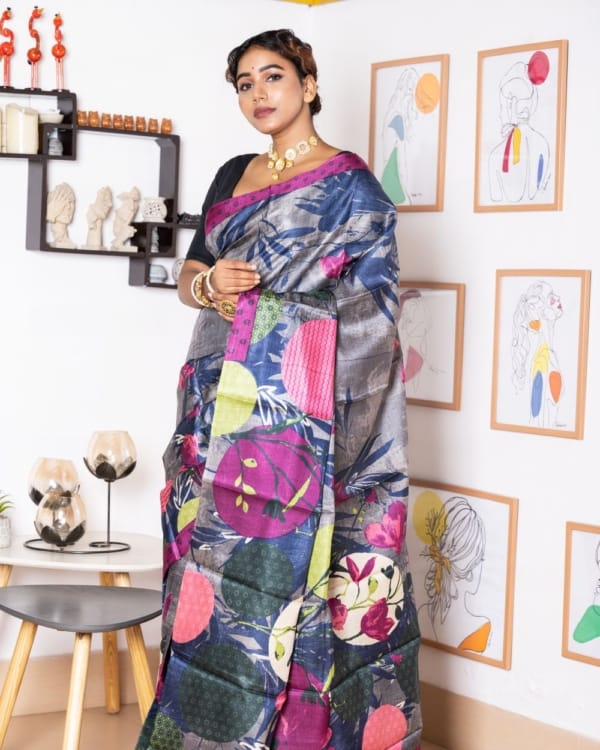 Nakshipar Multicolour Abstract Print on Self Printed Gray Tussar Saree