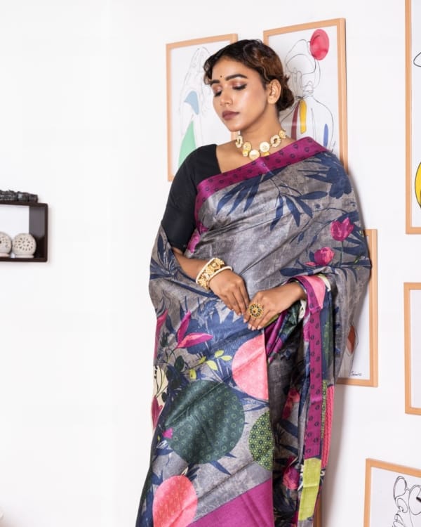 Nakshipar Multicolour Abstract Print on Self Printed Gray Tussar Saree