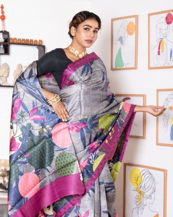 Nakshipar Multicolour Abstract Print on Self Printed Gray Tussar Saree