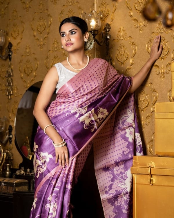 Nakshipar Off white Floral Print on Magenta Tussar Saree