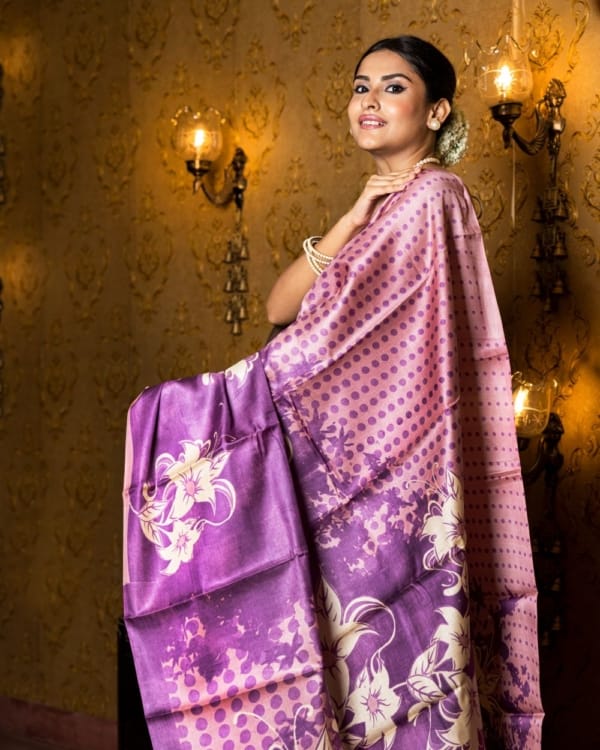 Nakshipar Off white Floral Print on Magenta Tussar Saree