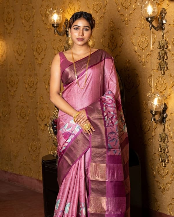 Nakshipar Multicolour Floral Design on Pink Zari Border Tussar Saree