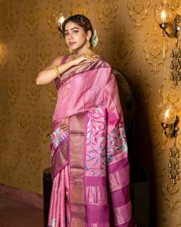 Nakshipar Multicolour Floral Design on Pink Zari Border Tussar Saree