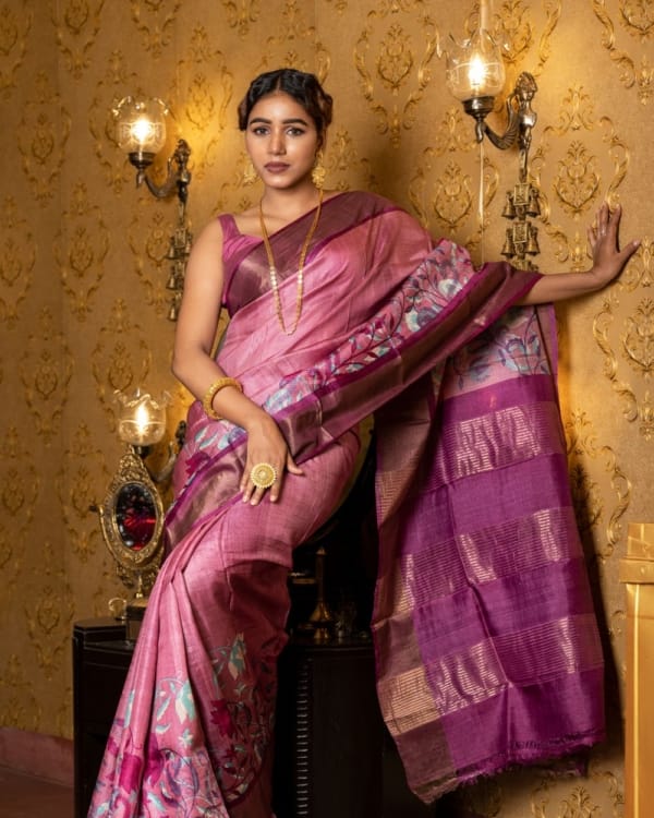 Nakshipar Multicolour Floral Design on Pink Zari Border Tussar Saree