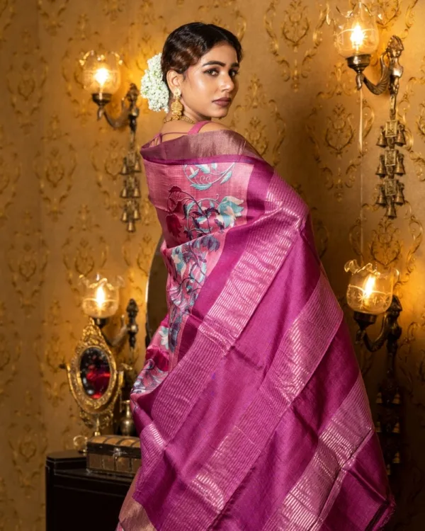 Nakshipar Multicolour Floral Design on Pink Zari Border Tussar Saree