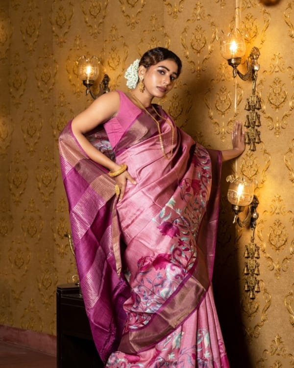 Nakshipar Multicolour Floral Design on Pink Zari Border Tussar Saree