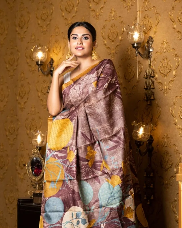 Nakshipar's Multicolour Abstract Print on Self Printed Brown Tussar Saree