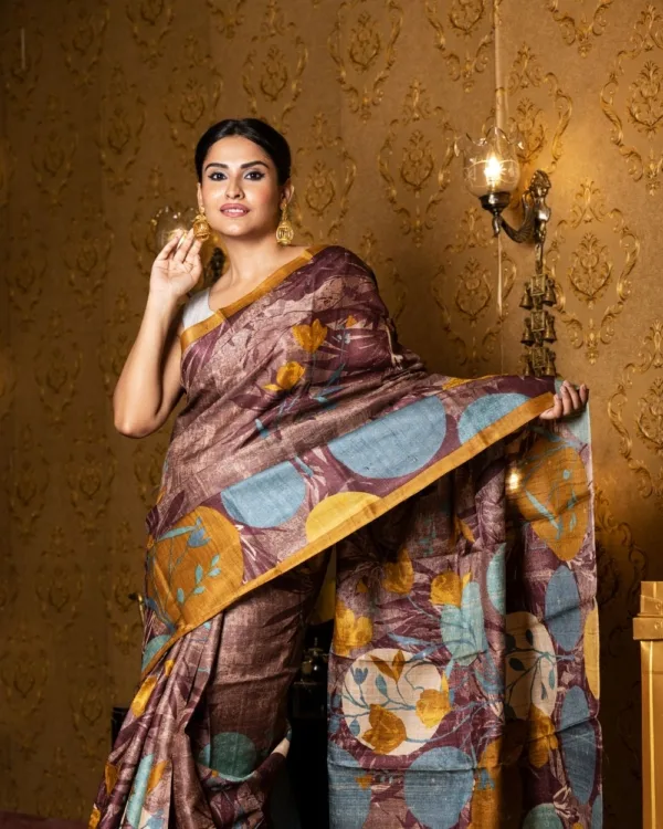 Nakshipar's Multicolour Abstract Print on Self Printed Brown Tussar Saree