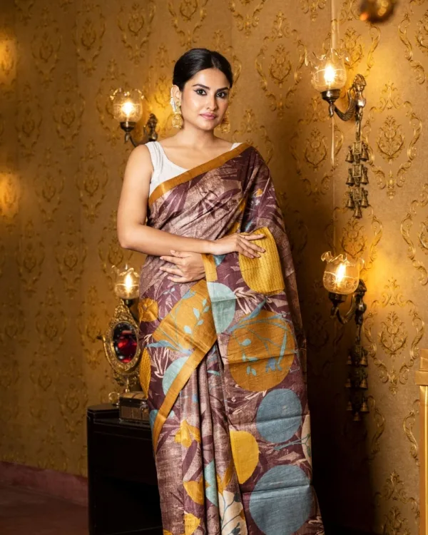 Nakshipar's Multicolour Abstract Print on Self Printed Brown Tussar Saree