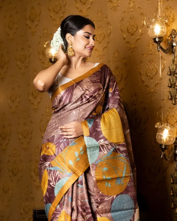 Nakshipar's Multicolour Abstract Print on Self Printed Brown Tussar Saree