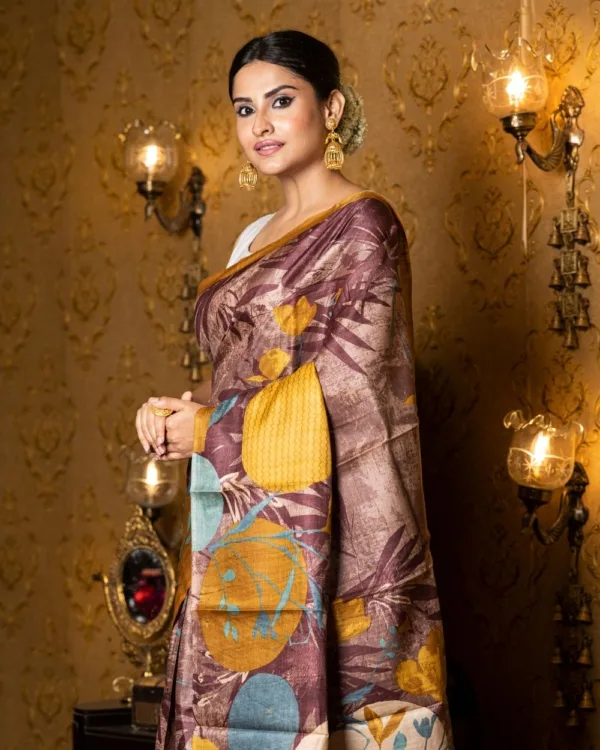 Nakshipar's Multicolour Abstract Print on Self Printed Brown Tussar Saree