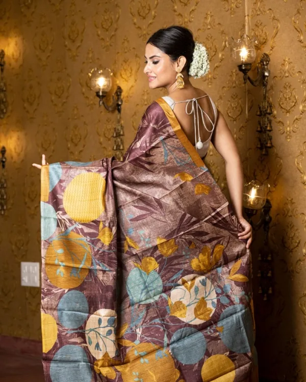 Nakshipar's Multicolour Abstract Print on Self Printed Brown Tussar Saree