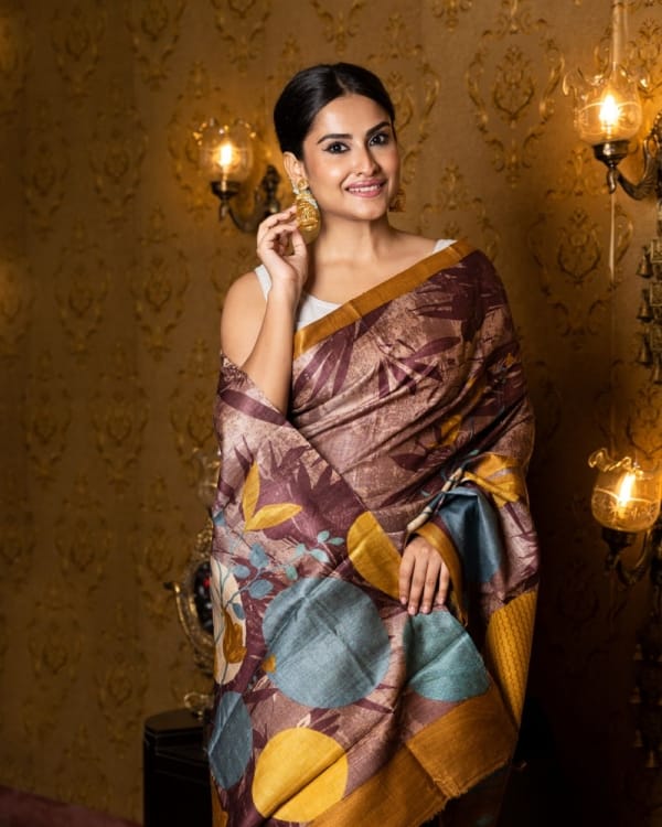 Nakshipar's Multicolour Abstract Print on Self Printed Brown Tussar Saree