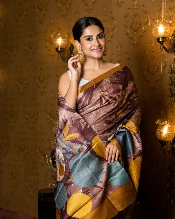 Nakshipar's Multicolour Abstract Print on Self Printed Brown Tussar Saree