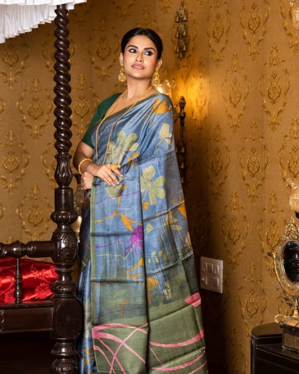 Nakshipar Sky Blue, Occur Yellow and Magenta print on Deep Gray Tussar saree