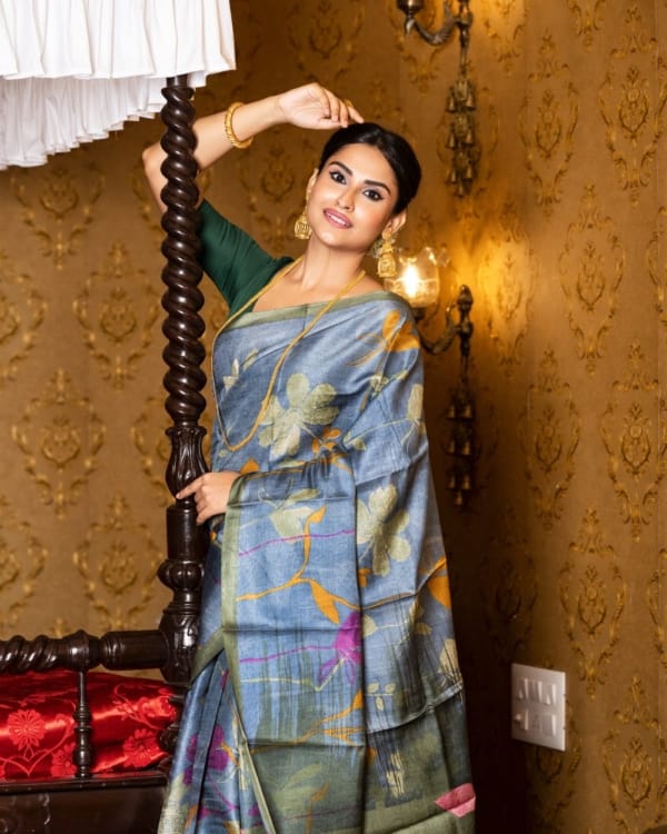 Nakshipar Sky Blue, Occur Yellow and Magenta print on Deep Gray Tussar saree