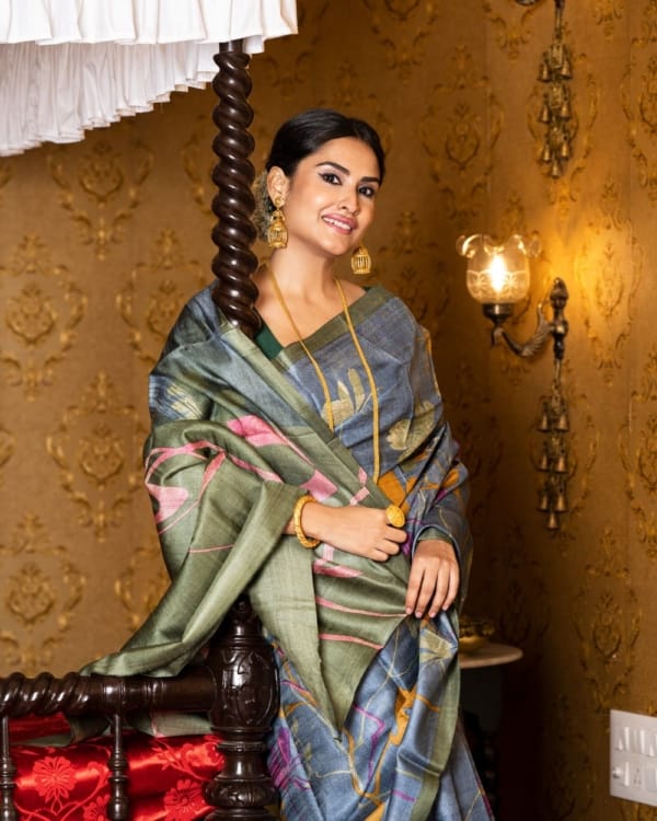 Nakshipar Sky Blue, Occur Yellow and Magenta print on Deep Gray Tussar saree