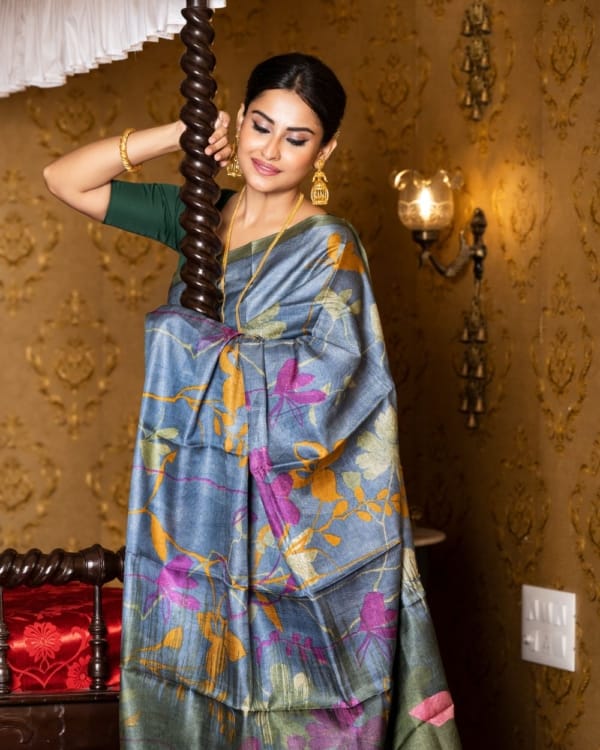 Nakshipar Sky Blue, Occur Yellow and Magenta print on Deep Gray Tussar saree