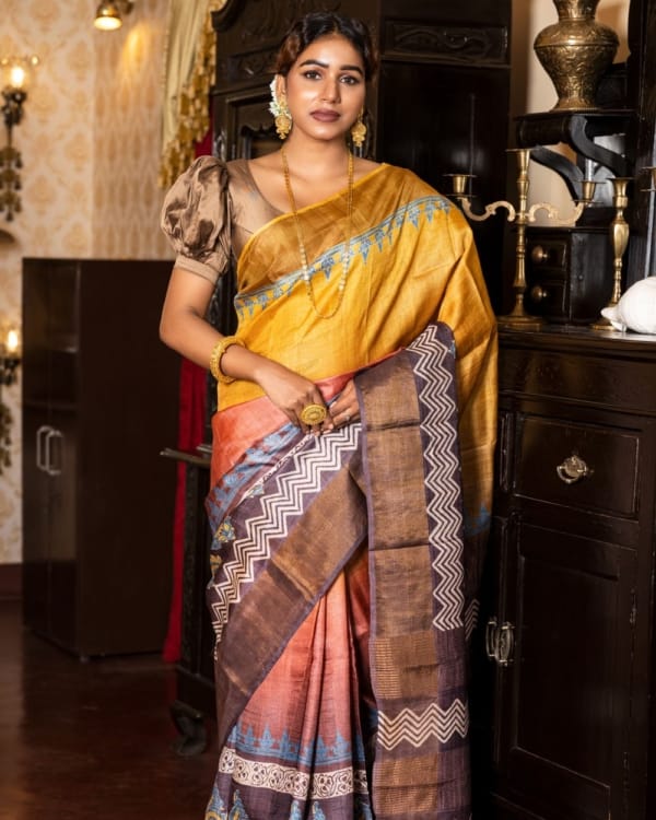 Nakshipar Deep Brown, Orange, Yellow Multicolour Printed Zari Border Tussar Saree