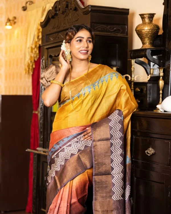 Nakshipar Deep Brown, Orange, Yellow Multicolour Printed Zari Border Tussar Saree