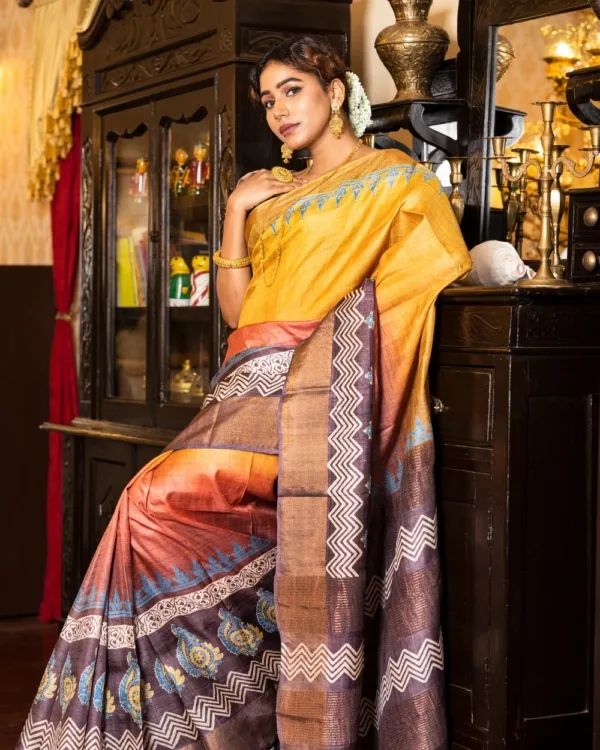 Nakshipar Deep Brown, Orange, Yellow Multicolour Printed Zari Border Tussar Saree