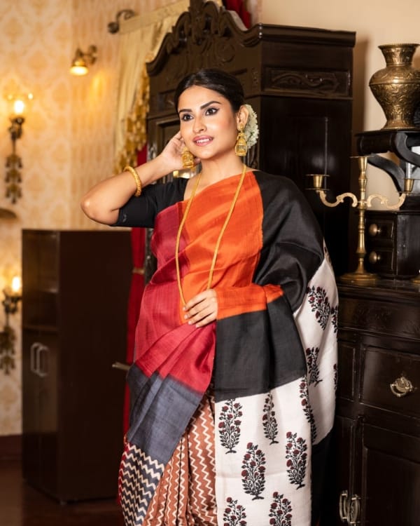 Nakshipar Zig Zac Print on Brown, Orange, Red & Blue Tussar Saree