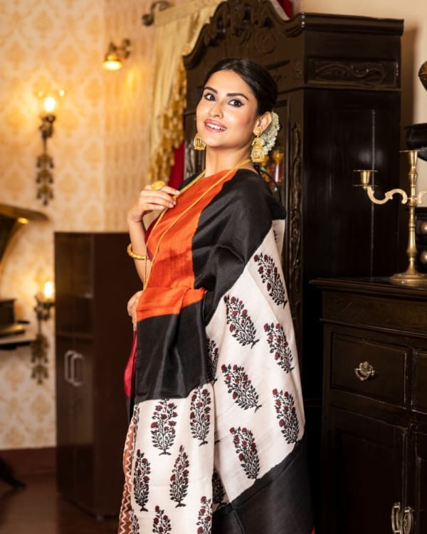 Nakshipar Zig Zac Print on Brown, Orange, Red & Blue Tussar Saree