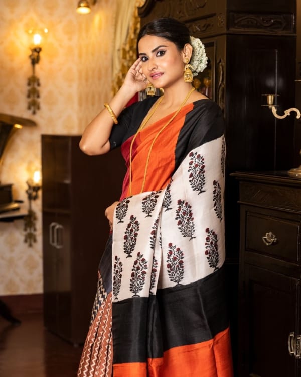 Nakshipar Zig Zac Print on Brown, Orange, Red & Blue Tussar Saree