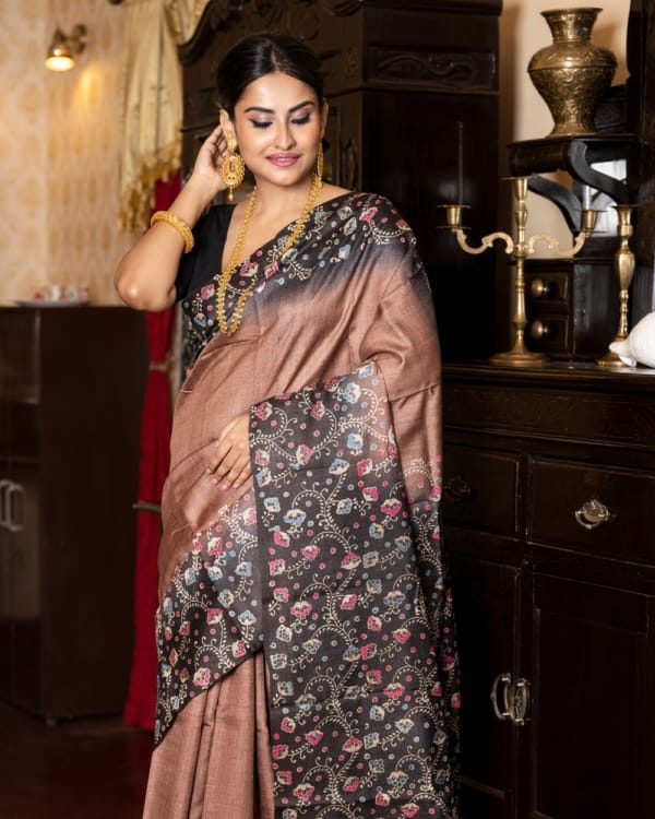 Nakshipar Pink & Gray Floral Print on Black Border Brown Colour Tussar Saree