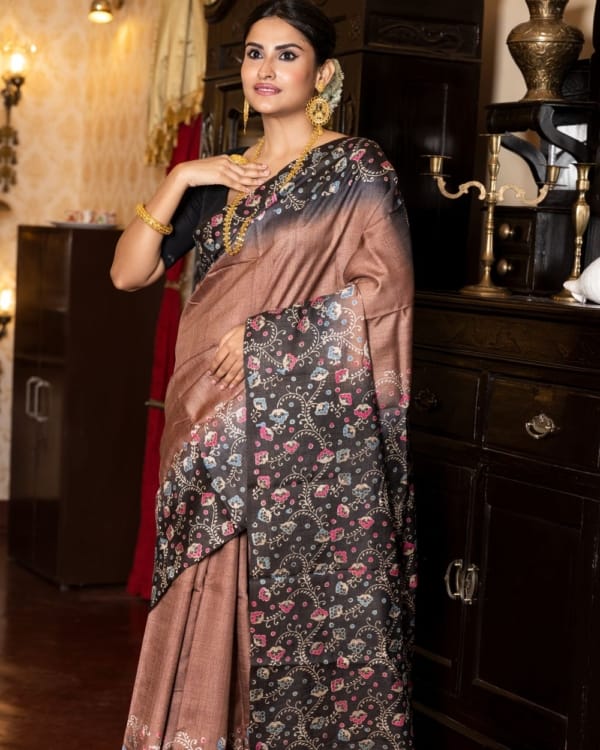 Nakshipar Pink & Gray Floral Print on Black Border Brown Colour Tussar Saree