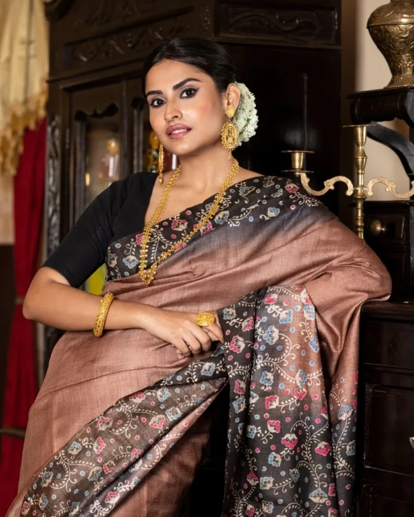 Nakshipar Pink & Gray Floral Print on Black Border Brown Colour Tussar Saree