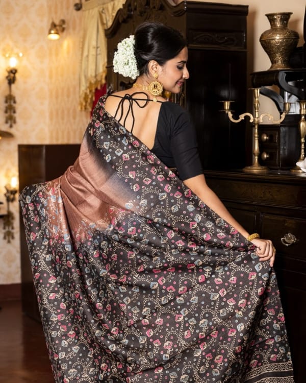 pink-gray-floral-print-on-black-border-tussar-saree