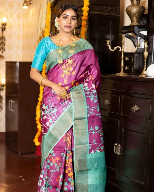 Nakshipar Off White, Sea Green, Brown Pagely Design on Magenta Colour Zari Border Tussar Saree