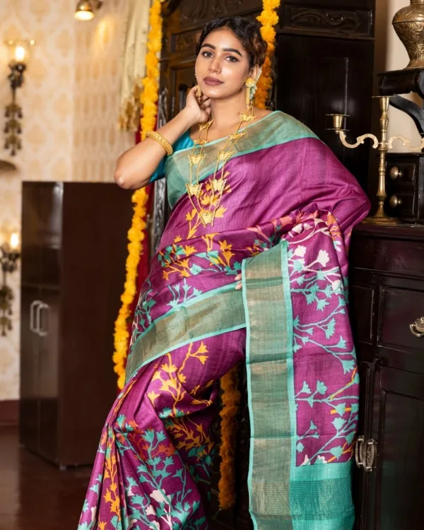 Nakshipar Off White, Sea Green, Brown Pagely Design on Magenta Colour Zari Border Tussar Saree